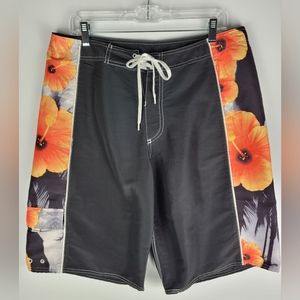 Trespalmas Mens Black Hawaiian Floral Board Shorts Size L-XL Surfing Pool Beach